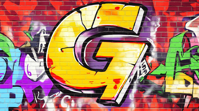 Pop art comic street graffiti with alphabet letter G on colorful brick wall.