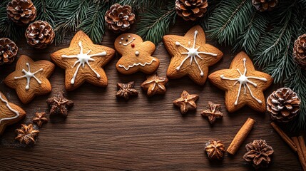 Poster - Photorealistic with side space for letters Card mock-up surrounded by Christmas cookies and gingerbread figures on a wooden surface Stock Photo with copy space