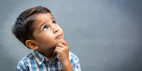 A Young Boy Gazes Upward with a Curious and Thoughtful Expression, His Hand Gently Resting on His Chin, Posing Against a Neutral Background.