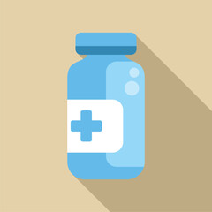 Canvas Print - Simple and minimal representation of a blue medical bottle showing a white cross sign with long shadow on a beige background