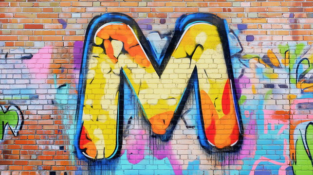 Pop art comic street graffiti with alphabet letter M on colorful brick wall.