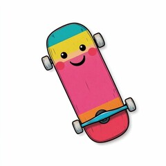 Poster - Retro cartoon style of a colorful skateboard with a happy  smiling face  The skateboard has a vibrant  energetic design against a clean  white background  creating a fun and playful visual concept