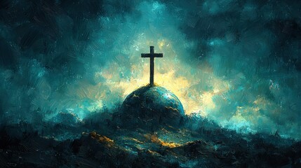 Wall Mural - Cross on a hill glowing against dark stormy skies with dramatic lighting and a serene atmosphere Generative AI