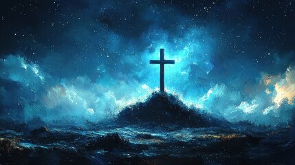 Wall Mural - Cross on a hill glowing against dark stormy skies with dramatic lighting and a serene atmosphere Generative AI