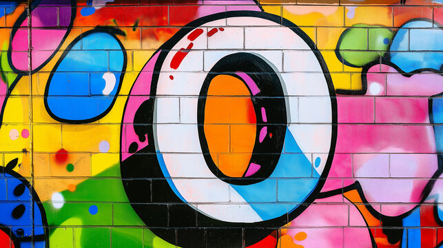 Pop art comic street graffiti with alphabet number 0 on colorful brick wall.