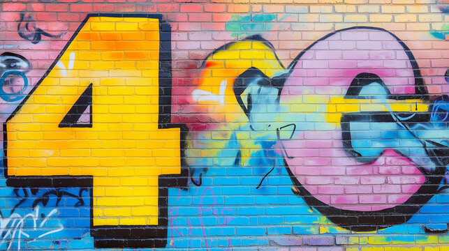 Pop art comic street graffiti with alphabet number 4 on colorful brick wall.