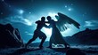 © Nick - Silhouette of Jacob wrestling with angel at night their forms locked in powerful struggle