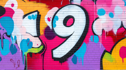 Pop art comic street graffiti with alphabet number 9 on colorful brick wall.