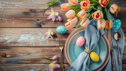 Colorful Easter Brunch Flat Lay with Tulips and Eggs