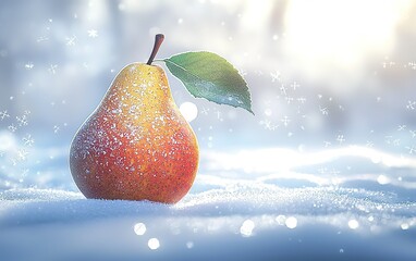 A single pear resting on sparkling snow under a soft winter light in a serene outdoor setting