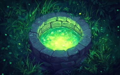 Enchanting stone well with glowing green liquid surrounded by lush grass.