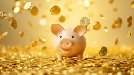 Gold colored piggy bank and falling gold coins. Concept of investment, cryptocurrency