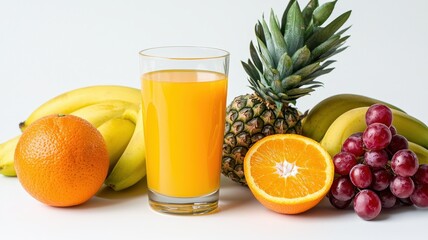 A vibrant display of fresh fruits including oranges, bananas, grapes, and pineapple, alongside a glass of orange juice.