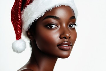 Poster - A Woman Wearing a Red and White Santa Hat Looking Directly at the Camera