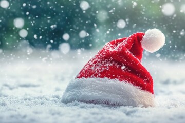 Poster - Red Santa Hat in Snow with a Blurred Winter Background