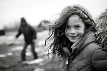 Little girl looking at camera with friends on background, black and white