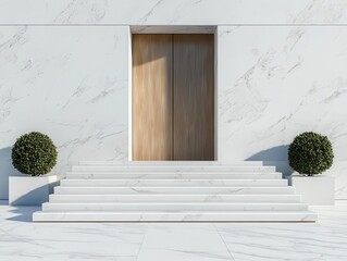 Corporate bank entrance with wide marble steps and sleek, symmetrical architecture, symbolizing financial strength