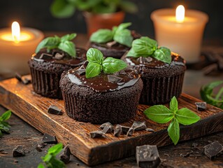 Delicious chocolate cupcakes garnished with mint leaves and dark chocolate, beautifully plated.