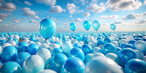 A single balloon rises above a sea of blue and white balloons against a backdrop of fluffy clouds and a clear blue sky