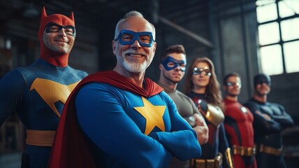 Happy business owner in his late 50s and his large diverse team dressed as famous superheroes, Fantastic workforce. Best candidate super human efforts