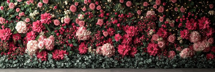 Wall Mural - A lush arrangement of pink and white blossoms, including roses and poinsettias, is complemented by rich green foliage, perfect for enhancing a festive atmosphere