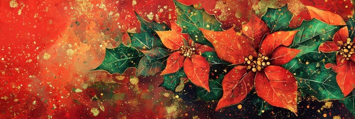 Canvas Print - Bright red poinsettias and vibrant green holly leaves are beautifully arranged against a warm backdrop, enhancing the festive spirit of winter celebrations