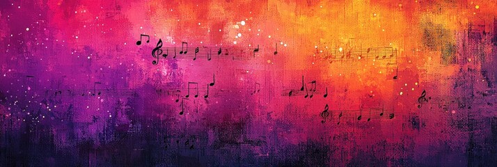 Aufkleber - A vibrant blend of purple, orange, and pink depicts musical notes drifting across a colorful canvas, evoking creativity and harmony at dawn