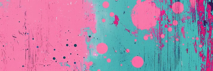 Aufkleber - A lively abstract background features bold splashes of pink and teal, with textures revealing layers and patterns, creating a dynamic visual effect