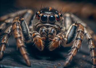 Detailed photo of a jumping spider on orange surface, showing camouflage and sharp features. Macro photography of spider face, close up, detailed