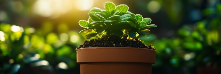 Poster - A close-up view of a thriving green plant in a terracotta pot, bathed in soft sunlight. The plant's lush leaves radiate vitality, symbolizing growth, life, and renewal.