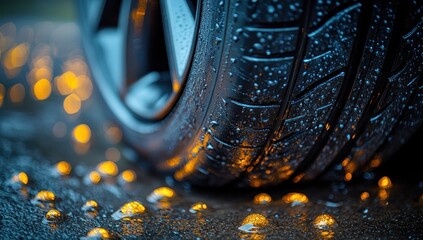 Wall Mural - Close-up of a Car Tire with Rain Drops