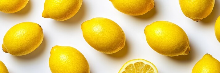 Wall Mural - A collection of bright yellow lemons arranged on a white background, showcasing their vibrant color and natural texture. These lemons represent freshness, health