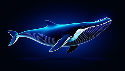 stylized illustration whale rendered vibrant digital wavy lines dramatic dark blue backdrop