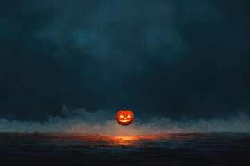 Canvas Print - A Glowing Jack-o'-lantern Floating Over a Foggy, Dark Watery Surface