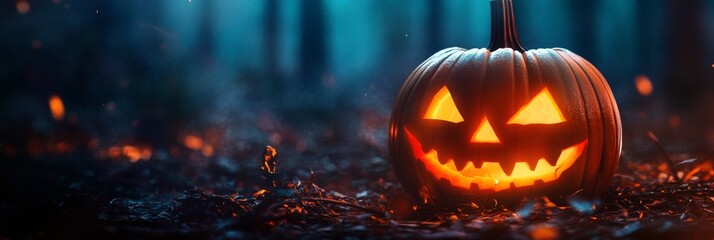 Sticker - A glowing jack-o-lantern sits in a dark and eerie forest, surrounded by fallen leaves and flickering lights, symbolizing Halloween, mystery, darkness, nature, and autumn.