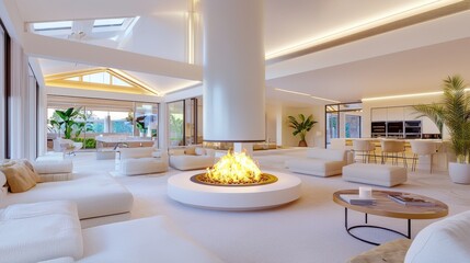 A contemporary living room with a large, central fireplace, modern furniture, and an open-plan design, blending luxury and comfort.