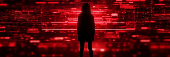 Wall Mural - A lone female figure stands amidst a futuristic city of red digital lines, representing the power of technology and the unknown possibilities it holds. The red hues evoke a sense of energy