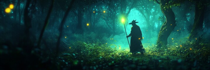 Sticker - A lone figure, cloaked in shadow, walks through a mystical forest lit by ethereal glow. The figure holds a glowing staff, symbolizing power, mystery, guidance, and the unknown.