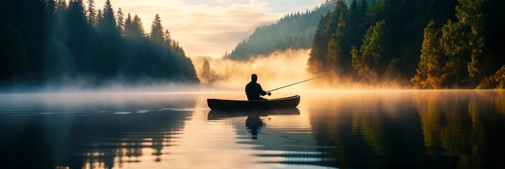 Canvas Print - A lone fisherman casts his line in a tranquil lake surrounded by mist-shrouded mountains at sunrise, symbolizing peace, solitude, nature, reflection, and hope.