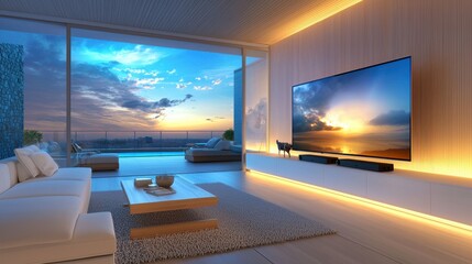 Poster - A modern living room with a large, wall-mounted TV, sleek furniture, and soft lighting, perfect for a home theater experience.