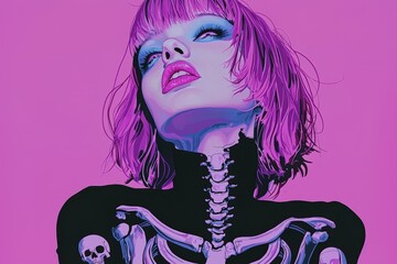 Poster - A woman with expressive pink hair poses confidently, showcasing a vivid skeleton graphic on her black top, captivating with striking colors against a bold purple backdrop