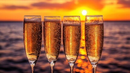 Champagne glasses overflowing with bubbles, raised in celebration against a vibrant sunset, creating a warm and festive scene.