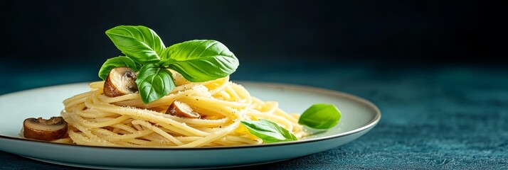 Canvas Print - A plate of creamy mushroom pasta topped with fresh basil, a simple yet delicious Italian dish. The pasta is cooked al dente