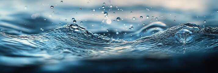 Fototapete - Gentle waves break the surface, sending shimmering droplets into the air as twilight settles, creating a tranquil and reflective mood