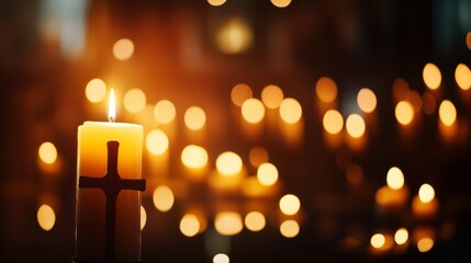 Wall Mural - A single candle burns brightly in the center of the frame, casting a warm glow on the surrounding church. The cross is visible in front of the candle. This image symbolizes faith, hope