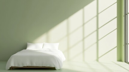 Canvas Print - A simple and serene minimalist bedroom featuring a white bed with soft sunlight streaming through a large window, creating a sense of calm and tranquility.