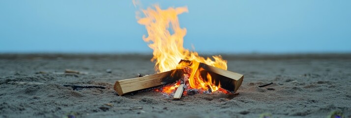 Wall Mural - A small campfire burns brightly on a sandy beach at dusk, casting a warm glow against the cool evening air. This scene evokes a sense of peace, warmth, and connection to nature.