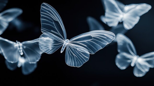 Delicate plastic transparent butterflies hovering against a dark background, catching light in their translucent wings.