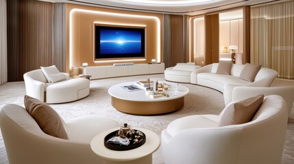 Poster - Elegant living room with a hidden TV, featuring luxurious furniture and modern design elements for a sophisticated entertainment space.
