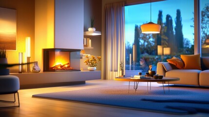 Poster - Living room with a corner fireplace, soft lighting, and plush furniture, perfect for reading or relaxing on a cold evening.